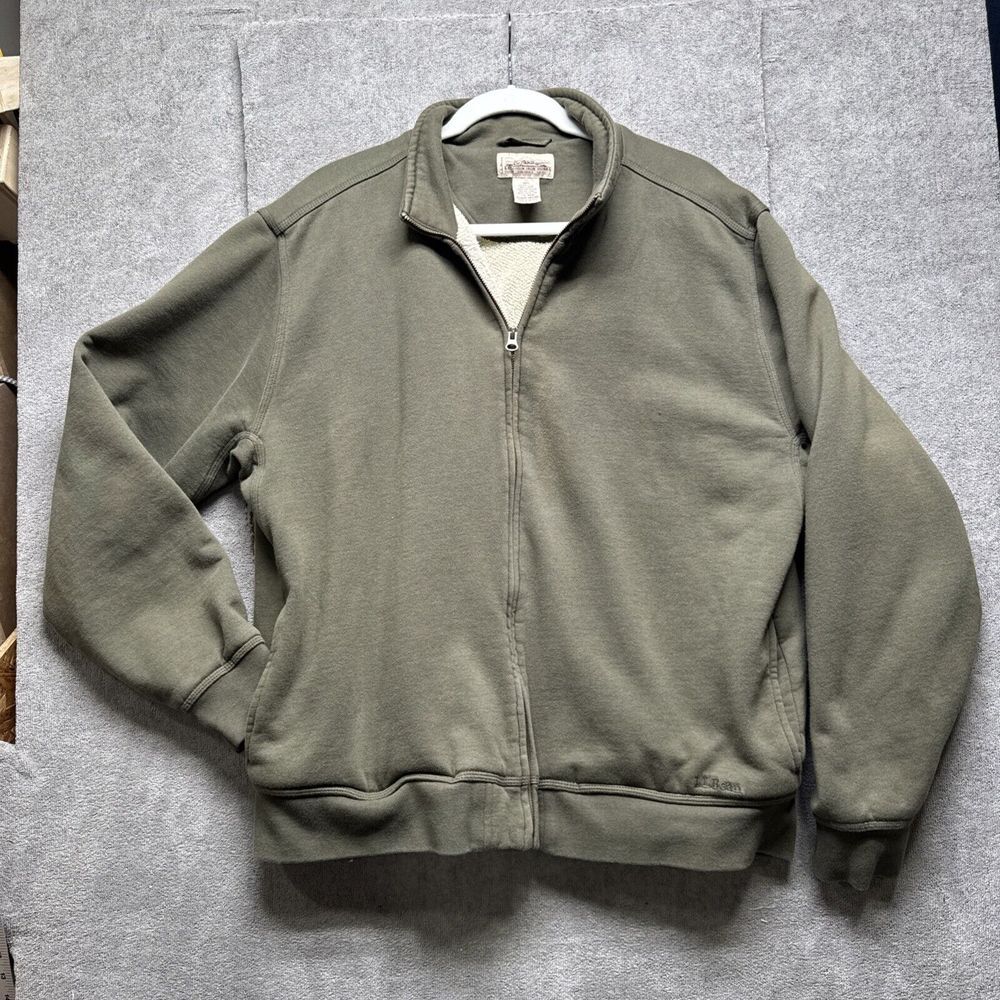 LL Bean Katahdin Iron Works Jacket Large Green Canvas Sherpa Lined Zip grunge